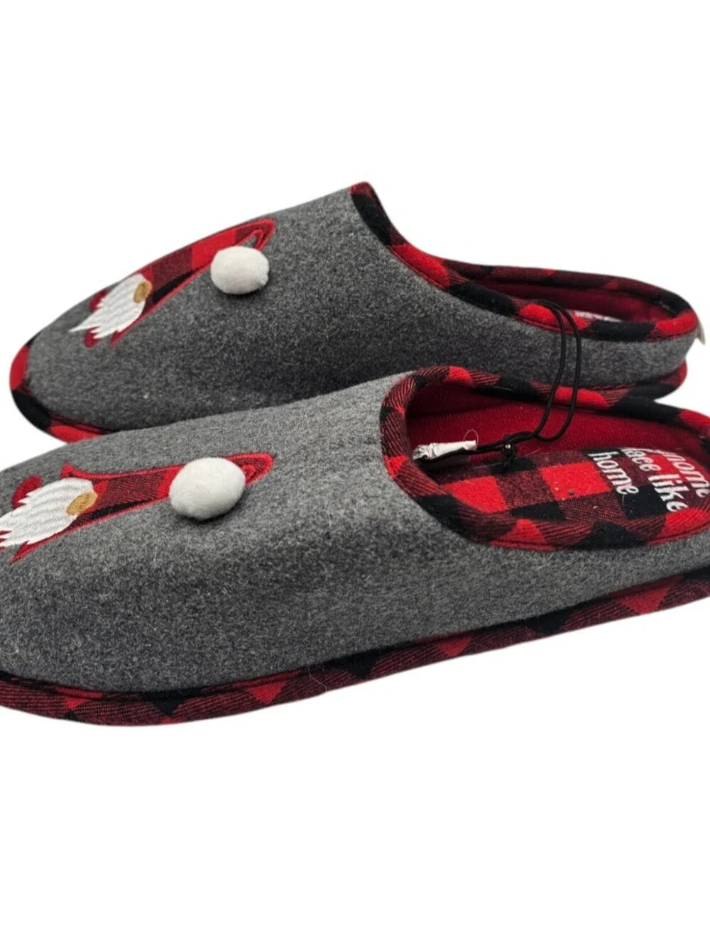 Dakota Fleece Gnome Holiday Slippers in grey with a red plaid Mens Sz L NEW